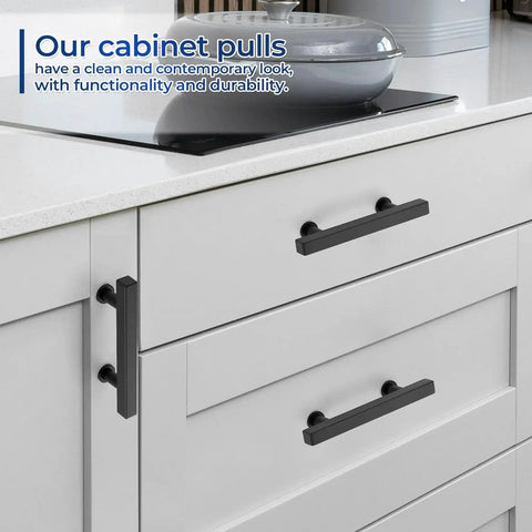 10 Pack Matte Black 3 Inch Hole Center Cabinet Handles Stainless Steel Square Dresser Pulls on white kitchen cabinets