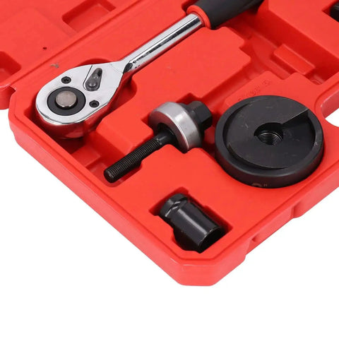 Heavy Duty Knockout Hole Punch Driver Kit With Six Sizes Manual Ratchet Tool, showing ratchet tool and components in red case