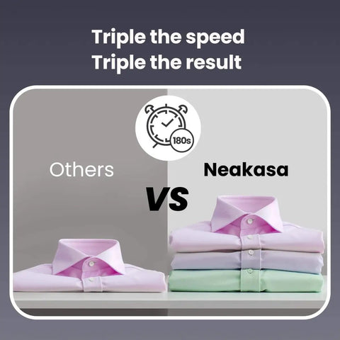 Image comparing folded shirts by Others vs Neakasa using Magic 1 Vacuum Steamer For Clothes With 2300Pa Fabric Grip One Handed Operation.