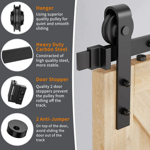 Heavy Duty Sliding Barn Door Hardware Kit 6.6 Ft With Smooth And Quiet Operation Adjustable Floor Guide Door Hook And Two Handles Fits Doors 1 3 8 To 1 3 4 Inch Thickness Black Finish J Shape Hangers Supports Up To 350 Lbs showing hanger and components