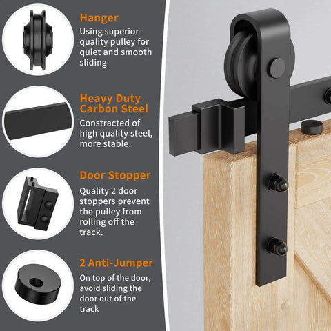 Beefy Heavy Duty Sliding Barn Door Hardware Kit for 6ft Single Door, black J-shape hangers, door stopper, anti-jumper, carbon steel