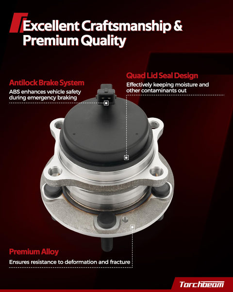 Beefy Rear Wheel Hub Bearing Assembly 512370 Compatible With 2007 2014 Toyota Yaris, 2012 2019 Prius C, And 2013 Scion iQ, 4 Lug Four Wheel ABS Ready Replacement Part showcasing premiums like quad lid seal design and antitheft brake system.