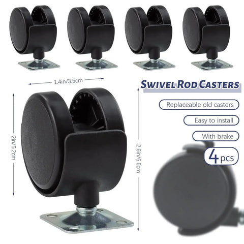 Four Pack 2 Inch Plastic Furniture Casters With Nylon Swivel Plate And Brakes, showing front and side view on white background