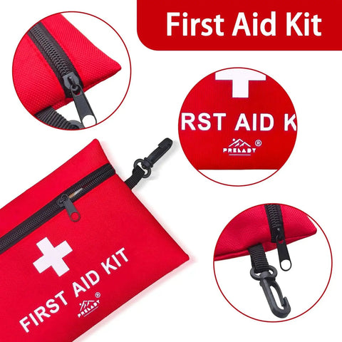 Red Grab and Go 152 Piece Small First Aid Kit TSA Approved for Travel and Outdoors, zipper close-up details