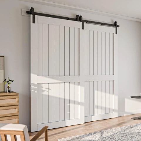 Bypass Sliding Barn Door Hardware Kit, Single Track System, Carbon Steel With Frosted Black Finish, installed on white doors