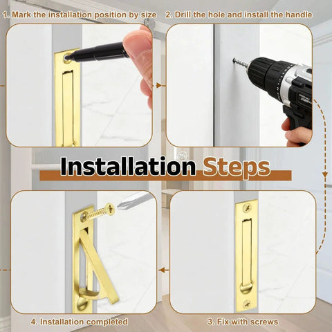 Steps to install Five Pack Pocket Door Handles 304 Stainless Steel Edge Pulls Bronze Finish with screws and tools shown.