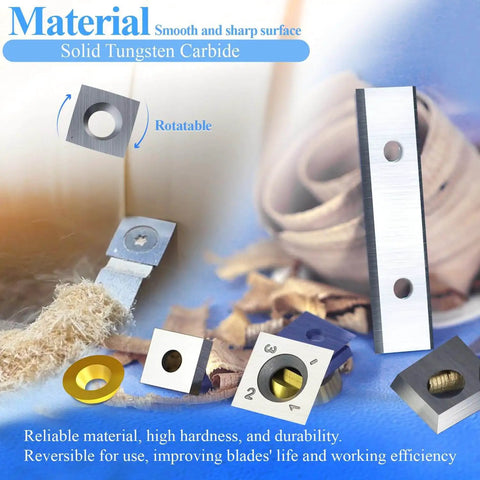 Solid tungsten carbide double-edged scraper inserts, close-up view, with focus on rotatable feature, for woodworking planer and groove cutter.