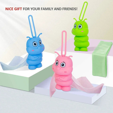 Cute portable microfiber cloth bag charms with keychains; includes pink cloth for glasses and screens cleaning.