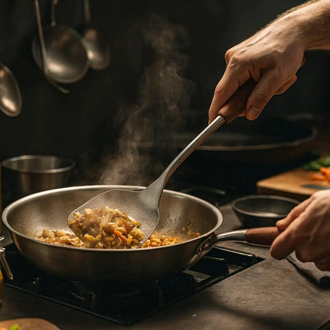 Stainless Steel Wok Spatula With Wooden Handle, 14.17 Inch Long Wok Tool For Stirring, Mixing And Turning in use with stir-fry.
