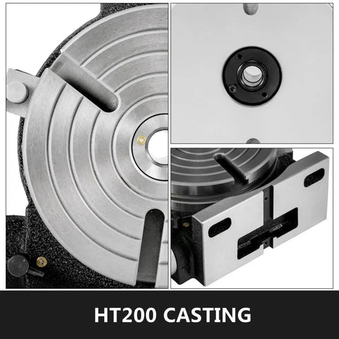 Close-up of 8 Inch Horizontal and Vertical Rotary Table for Milling Machines with 3 Slots MT 3 Compatible showing HT200 cast iron.