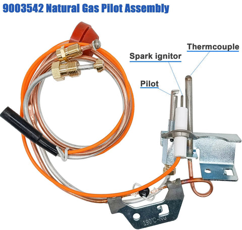 Pilot assembly for natural gas water heater with thermocouple and spark igniter, orange wiring