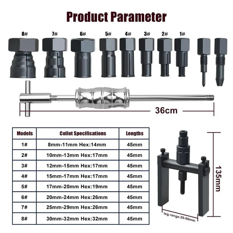 12 Piece Motorcycle Blind Inner Bearing Puller Kit with Slide Hammer and Collets 8mm to 25mm shown with tool sizes chart
