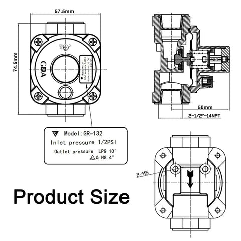 Technical drawing of Natural Gas Regulator For Grills And Stoves, One Half Inch Inlet With Two Brass Adapters, NG And LPG Convertible