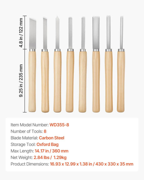 8-Piece Wood Lathe Tool Set With Carbon Steel Blades For Beginners To Pros shown with dimensions and details