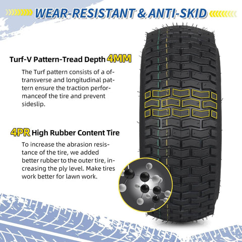 Close-up of the 16x6.50-8 Tubeless Lawn Mower Tire with V Turf Pattern showing tread depth and rubber content details.