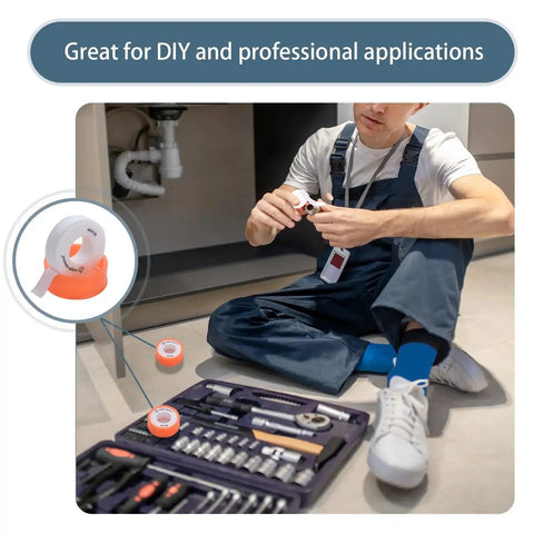Person using PTFE Thread Seal Tape Plumbers Tape One Half Inch By 472 Inch White No-Hassle Waterproof Sealant for plumbing