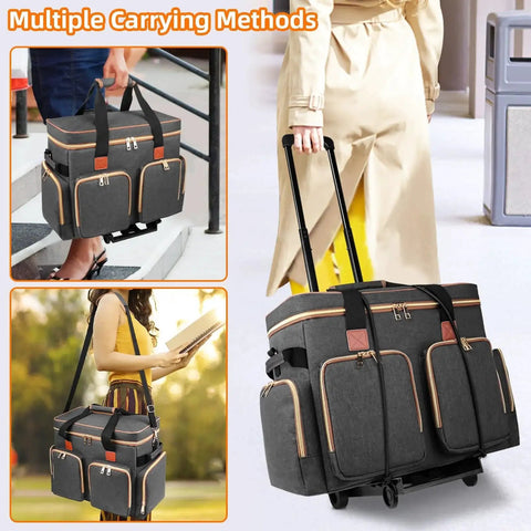 Multiple carrying methods of detachable trolley rolling teacher tote bag with padded laptop compartment, elegant gray
