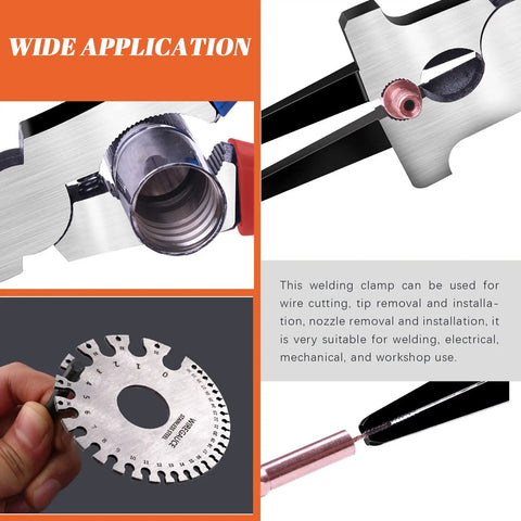 All In One Mig Welding Pliers Set 8 Inch With Stainless Steel Wire Gauge and Sheet Thickness Gauge for quick wire cutting and splatter removal.