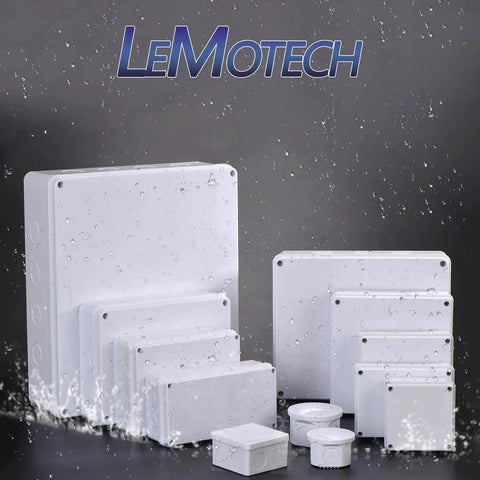 LeMotech rugged outdoor IP65 weatherproof junction boxes set with ABS plastic, various sizes, ideal for electronics enclosures.