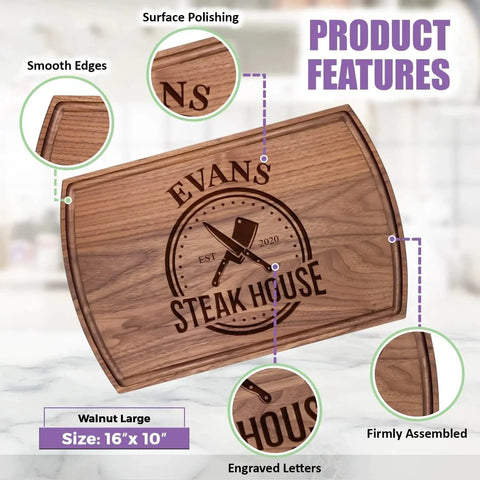 Personalized Engraved Cutting Board for Dad and Grandpa - Custom Wood BBQ Grilling Board for Him showing features and walnut finish