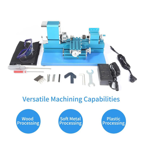 Mini Metal Lathe 36W Power Lathe For Hobbyists Dope Small Size Lathe For Garage Workshop Tools Timber And Metal Friendly Fixed 20000 RPM Speed 12V DC Transformer 110V To 240V Input with accessories including goggles, tools, and power adapter on display