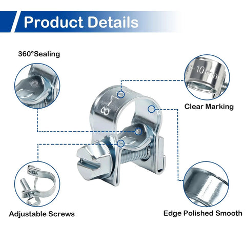 Close-up of 32 Piece Mini Fuel Line Clamps Set For 1/8 Inch Inner Diameter Fuel Injection Hose Adjustable 5/16 To 13/32 Inch Diameter Zinc Plated Gas Line Clips For Diesel Petrol Automotive Truck showing 360° sealing and clear markings.