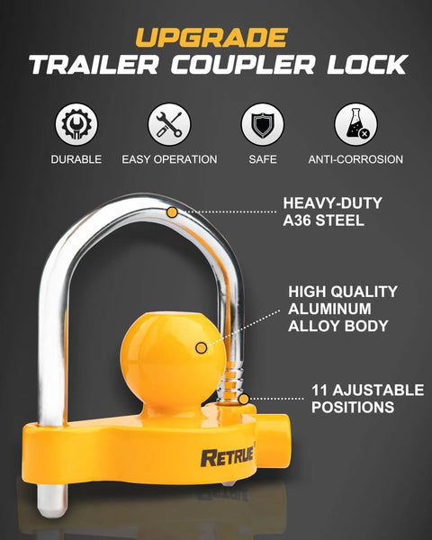 Heavy Duty Universal Trailer Coupler Lock Fits 1-7/8 Inch 2 Inch and 2-5/16 Inch Hitches Yellow Finish Includes 2 Keys Theft Deterrent and Easy Lock Up, close-up view showcasing steel and aluminum construction.