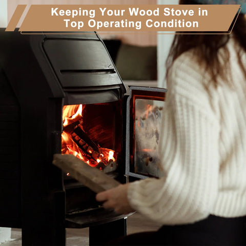 Komokeru wood stove with door open, flames visible as person loads wood.