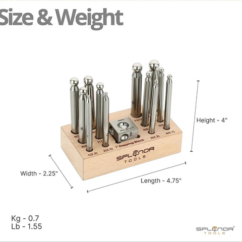 1 Inch Square Dapping Block With 12 Dapping Punches Set For Jewelry Making Pro Grade Steel Doming Die Kit with Wooden Stand and Dimensions