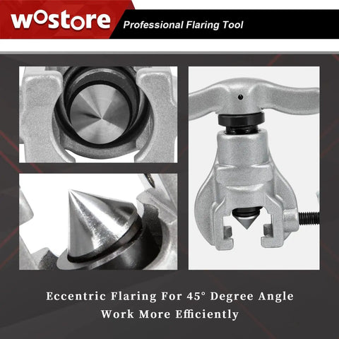 Close-up of 7 Die Set Eccentric Flaring Tool With 45 Degree Tube Cutter for HVAC showing steel cone and body design.
