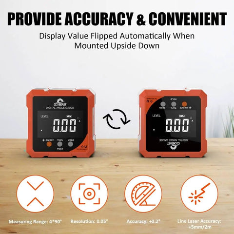 Pro Grade Digital Angle Finder With Laser Four Side Magnetic Digital Angle Gauge with backlit display on wooden table