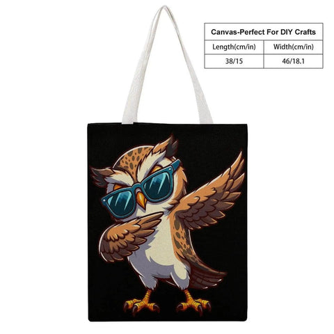 Cool Owl Wearing Sunglasses Canvas Tote Bag For Women Reusable Shoulder Bag For Grocery Shopping Work Daily Travel And Vacation Durable Heavy Duty Tote With Sturdy Handles And Large Capacity, shown in black with white handles