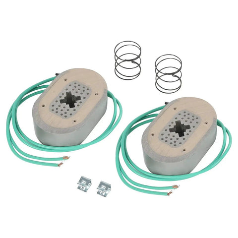 Front view of two RALZAOTO 10 inch electric trailer brake magnets with green wires, retainer clips, and coil springs.
