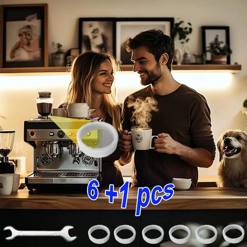 Front view of Breville espresso grinder with 6-piece white felt washer replacement set on a kitchen counter