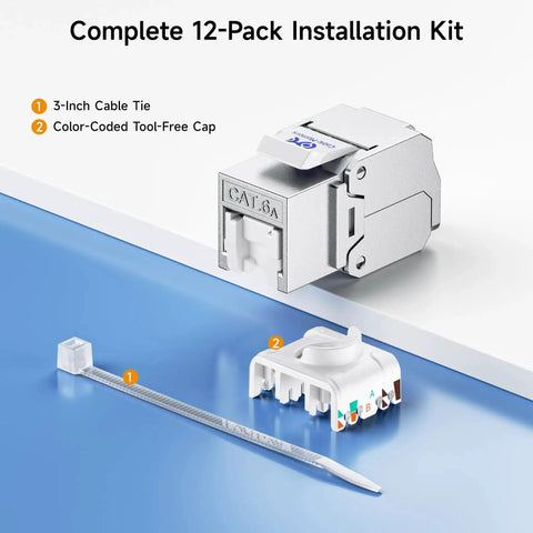 Shielded Cat6A Keystone Jacks With Integrated Shutter, 12-Pack RJ45 Ethernet Jacks shown with cable tie and color-coded cap