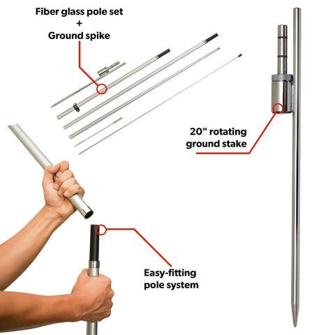 Feather Flag Pole Kit For Outdoor Advertising, 13 Feet Tall Swooper Pole With Rotating Ground Spike components shown