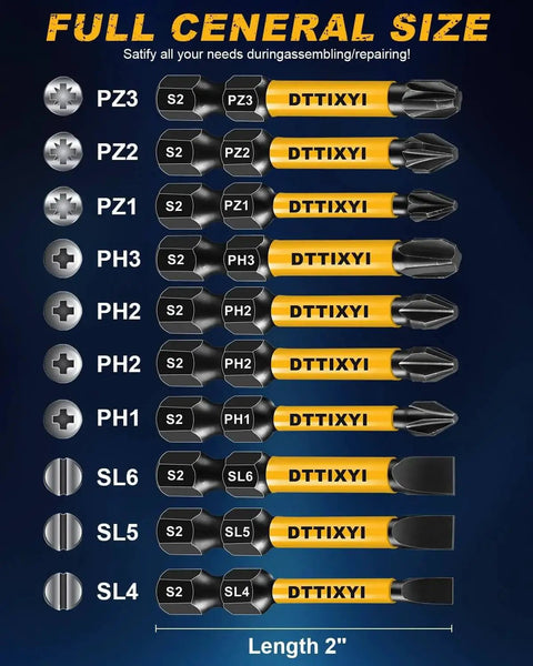 Magnetic Screwdriver Bits Set For Impact Driver And Power Drill, 10-Piece S2 Tool Steel With 1 Quarter Inch Hex Shank, Includes Phillips 1 2 3, Slotted SL4 SL5 SL6, Pozidriv PZ1 PZ2 PZ3, For Pros And DIYers shown in a row.