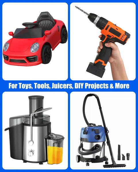 Collage of a red toy car, electric drill, juicer with orange juice, and a shop vacuum for versatile use in toys and DIY projects.