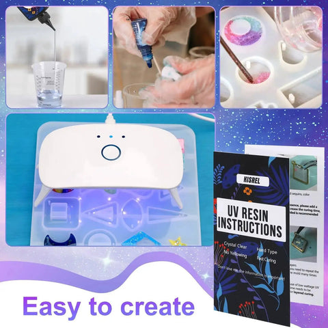 Collage showing UV Resin Jewelry Kit With 300G Crystal Clear Resin, UV Lamp, molds, instructions, and mixing process.