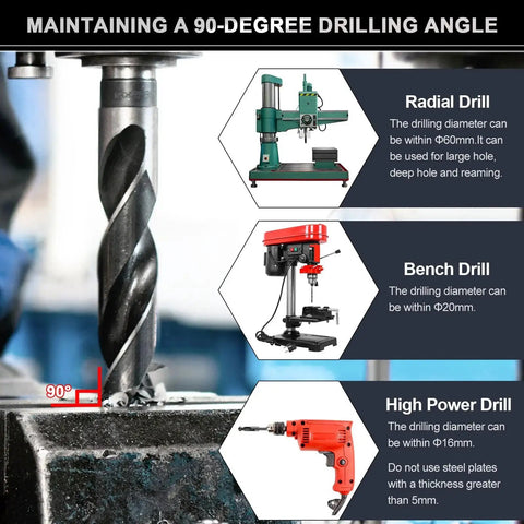 Image of 23/32 Inch Drill Bit Pro Grade With 1/2 Inch Reduced Shank 3 Flat Shank 4241 High Speed Steel Black Gold Finish for light duty machining featuring a 90-degree drilling angle with examples of various drills in use.