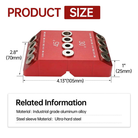 Portable Drill Guide Jig With 30 45 And 90 Degree Angles For Precise Angled Or Straight Hole Drilling Four Guide Hole Sizes Including Three Eighths Inch Perfect For Cable Railing Posts Lag Screws And Wood Post Installations product size and specifications shown in red aluminum body.