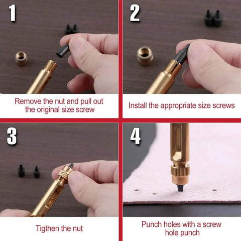 Step-by-step setup of Workhorse Leather Hole Punch Tool with wood handle, showing tip installation and use on leather material.