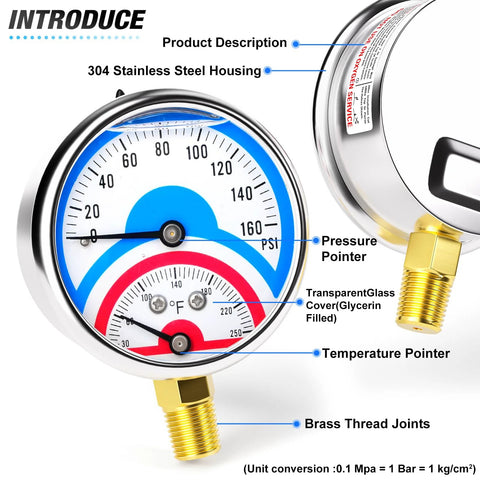 Pressure gauge with temperature subdial, 2.5 in stainless steel housing, liquid-filled, 0–160 psi with brass NPT connection