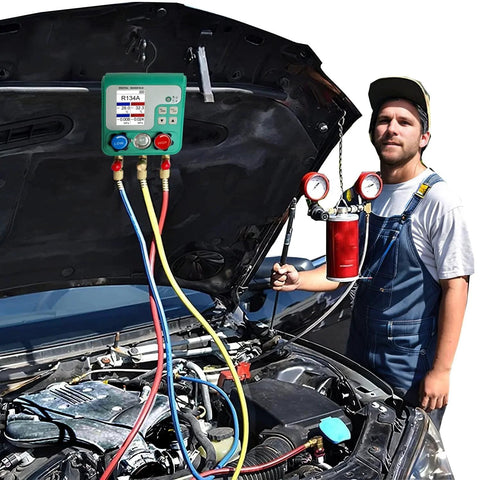Professional Digital HVAC Manifold Gauge Set Vanlison With Dual Pressure Testing on car engine under open hood with mechanic