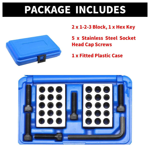 Matched Pair 1 2 3 Inch Machinist Setup Blocks With 23 Holes Precision Ground For Accurate Squaring And Layout Jecoupoon 0.0002 Inch Increments HRC 57 To 62 Flatness And Parallelism Within 0.0003 For Tight Repeatable Measurements in blue plastic case.