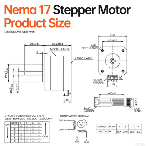 High Torque Nema 17 Stepper Motor For Dope 3D Printers And CNC Setups, Bipolar 2 Phase, dimensions diagram with specs