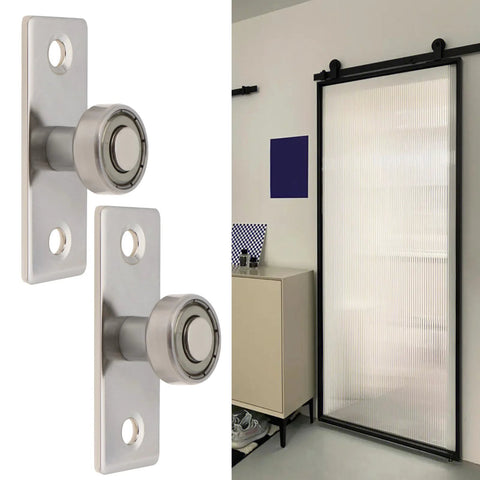Sliding Door Roller Guide Kit With 17mm Ball Bearing Wheels and Metal Guides installed on a barn door system for smooth operation.