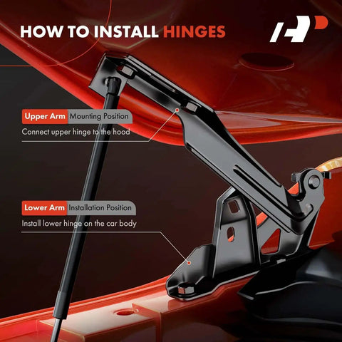 Front Hood Hinges Set For Jeep Wrangler JK 2007-2017 And JK 2018 showing installation positions for upper and lower arms