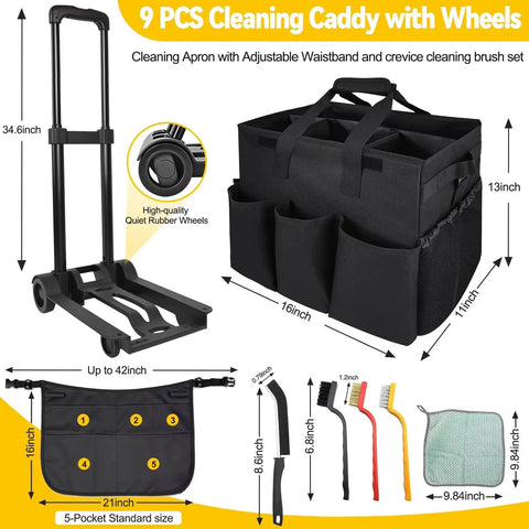 Large Rolling Cleaning Caddy With Wheels And Detachable Trolley 48L Capacity Adjustable Cleaning Apron 8 Piece Cleaning Set