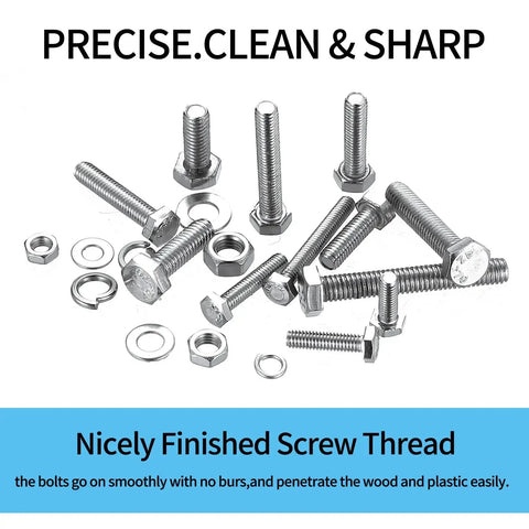 304 Stainless Steel Hex Bolts Nuts And Washers Kit With 496 Pieces, assorted bolts and washers displayed neatly